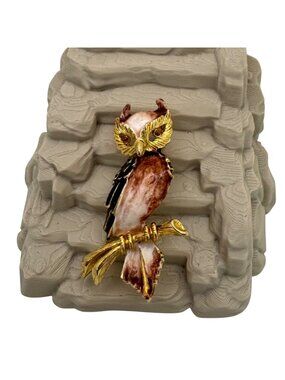 Statement Enamel Owl Brooch Pin Gold Tone Enamel Vintage Signed Horned 3" Estate